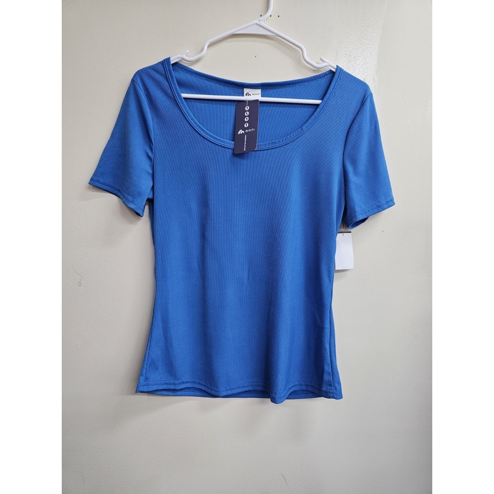 MISIFI Juniors Ribbed Blue Short Sleeve Top Size L Stretch Casual NWT